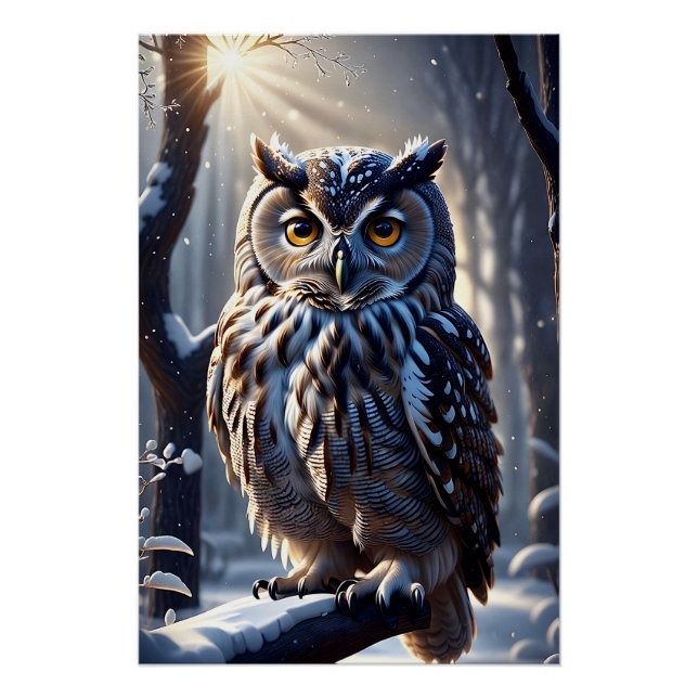 Poster Superbe Chouette d'aigle dans la neige sur la bran (Devant)