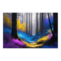 Superbe forêt mystérieuse bleu jaune et violet