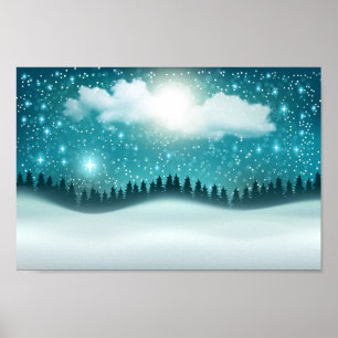 Poster Superbe paysage forestier nocturne d'hiver