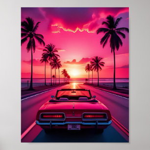 Poster Superbe Voiture Palmiers Plage Summer Rose Vue