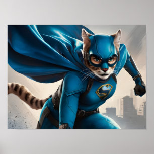 Poster Superhéros Feline à capuchon bleu vif avec lunette