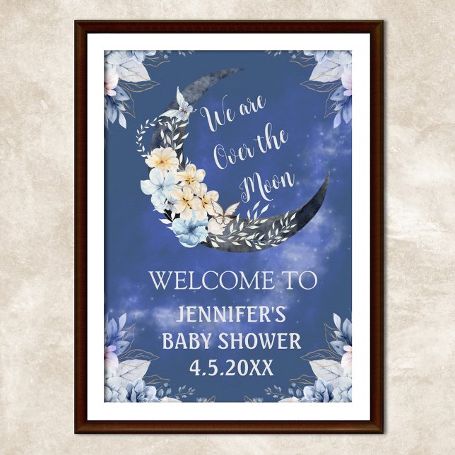Poster sur la lune baby shower bleu fleuri signe d'accuei (Créateur téléchargé)