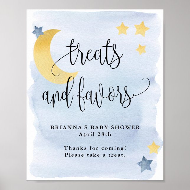 Poster Sur la Lune, Baby shower bleu Traitements et Favou (Devant)