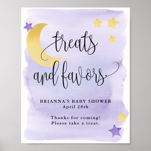 Poster Sur la Lune, Baby shower pourpre traite et favoris (Devant)