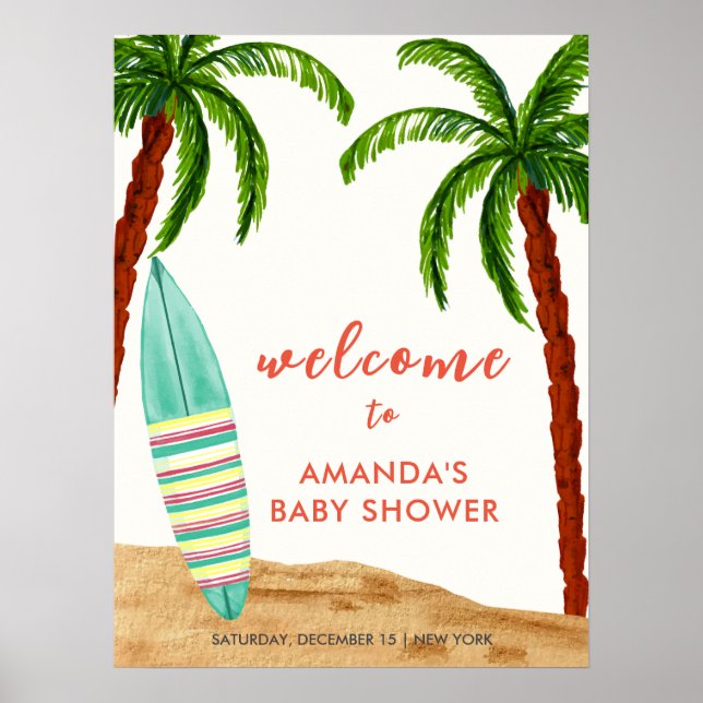 Poster Surf Beach Bébé À Bord Baby shower Bienvenue (Devant)
