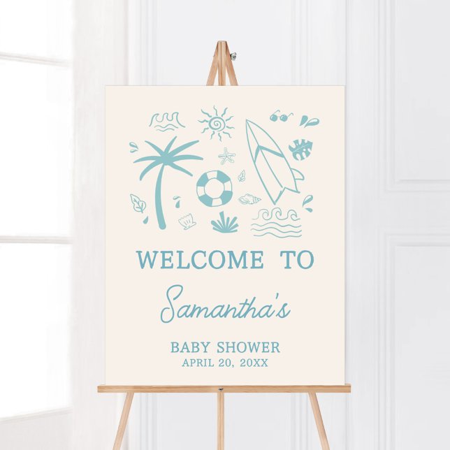 Poster Surf bleu bébé à bord Baby shower Bienvenue (Blue Surf Baby on Board Baby Shower Welcome Sign)