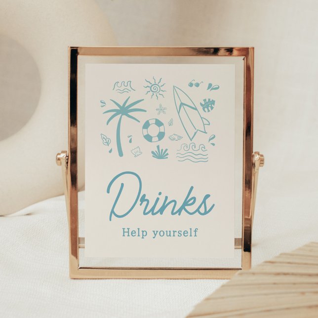 Poster Surf bleu bébé à bord Baby shower Boissons (Blue Surf Baby on Board Baby Shower Drinks Sign)