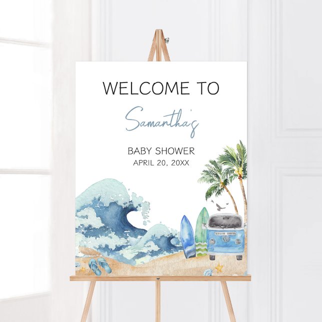 Poster Surf Board Beach Baby shower Bienvenue (Surfing Summer Baby Shower Welcome Sign)