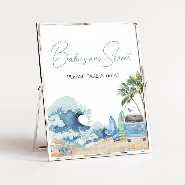 Poster Surf Board Beach Baby shower Les bébés sont doux (Surfing Summer Baby Shower Babies are Sweet Sign)