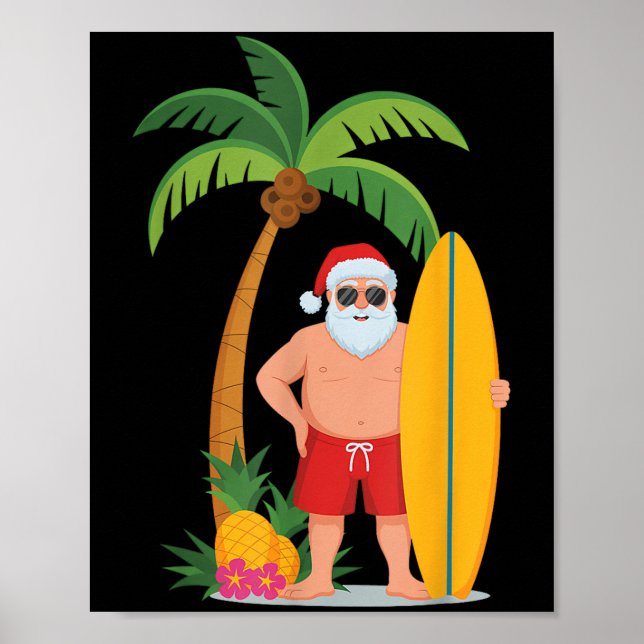 Poster Surf de Noël Père Noël Beach Ne Vacances Surf (Devant)