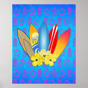 Poster Surf et fleurs d'Hibiscus