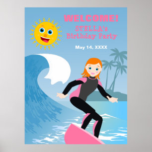Poster Surf Fille fête d'anniversaire