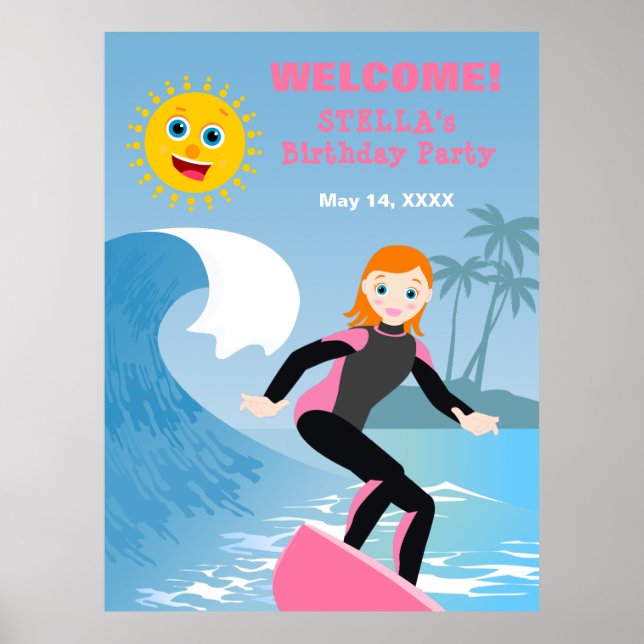 Poster Surf Fille fête d'anniversaire (Devant)