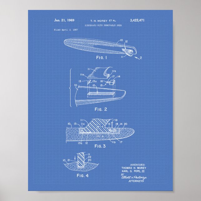 Poster Surfboard 1969 Patent Art Blueprint (Devant)