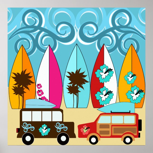 Poster Surfboards Beach Bum Surfing Hippie Vans (Devant)