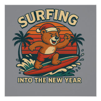 Poster Surfer dans la nouvelle année - Ours vintage rétro