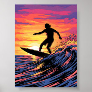 Poster Surfer dans une pop-art Sunset