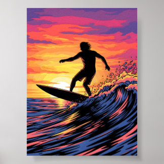Poster Surfer dans une pop-art Sunset