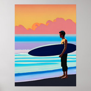Poster Surfer debout sur une plage au coucher du soleil