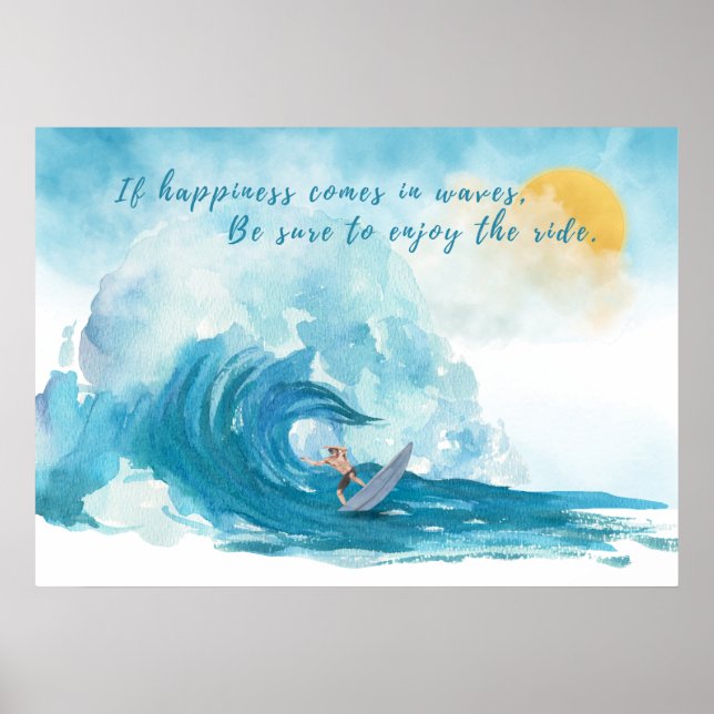 Poster Surfer | Le bonheur vient dans les vagues Inspirat (Devant)