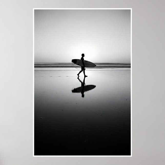 Poster Surfer noir et blanc au coucher du soleil (Devant)