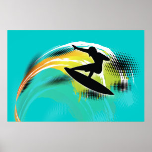 Poster Surfer noir figure & vague colorée sur turquoise