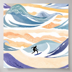 Poster Surfer sur la vague   Aquarelle contemporaine