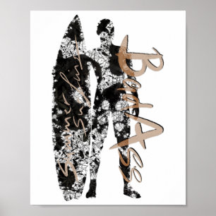 Poster Surfeur de surf d'été en noir avec planche de surf
