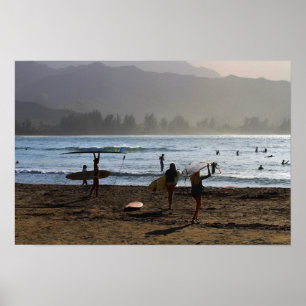Poster Surfeurs du soir, baie de Hanalei, Kauai