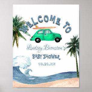 Poster Surfing Car Coconut Tree Blue Beach Baby Shower   