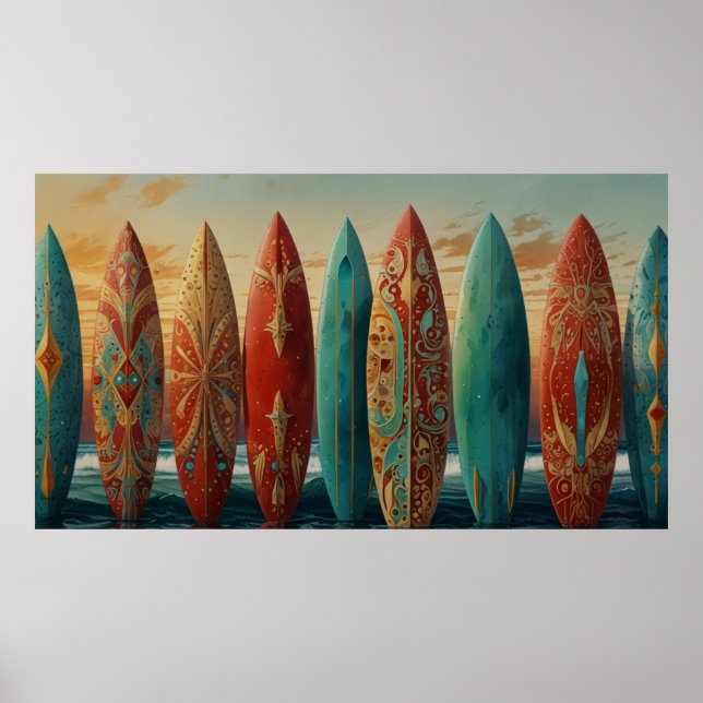 Poster Surfing Ocean Waves Planche de surf du coucher du  (Devant)