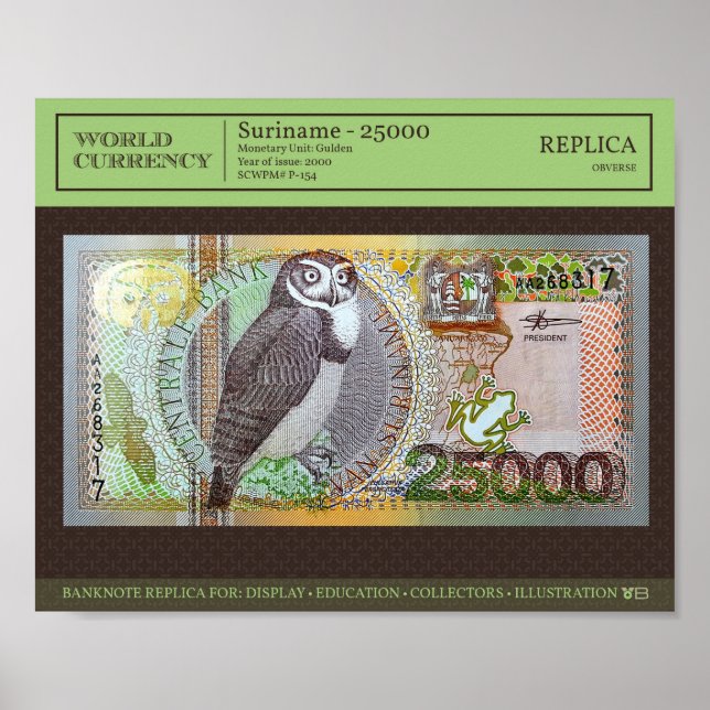 Poster Surinam 25,000 Gulden Réplique de billets 10x8 pho (Devant)