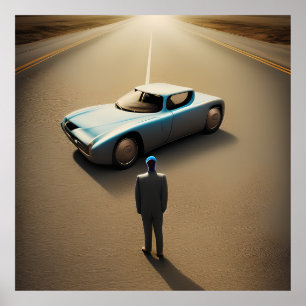 Poster Surreal Art Abstrait Un homme et sa voiture