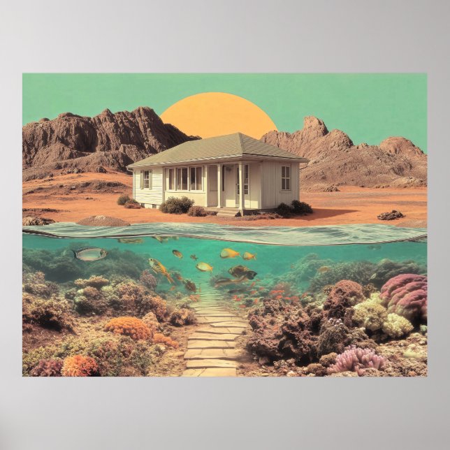Poster Surreal Desert House with Underwater Reef (Devant)