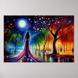 Poster Surreal girl imaginaire lune parc arc-en-ciel arbr