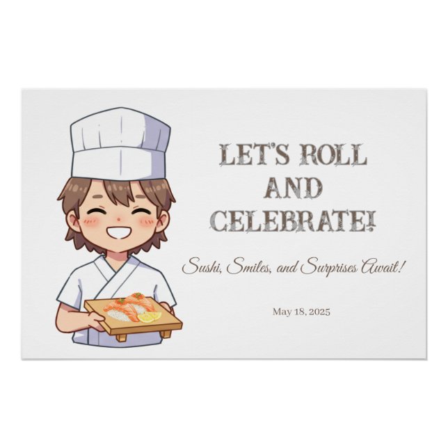 Poster Sushi Birthday Party Invitation with Cute Anime  (Devant)