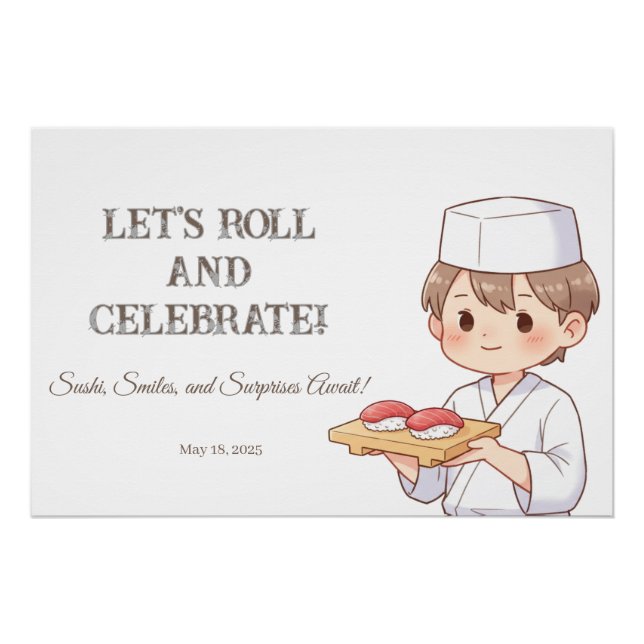 Poster Sushi Birthday Party Invitation with Cute Anime  (Devant)