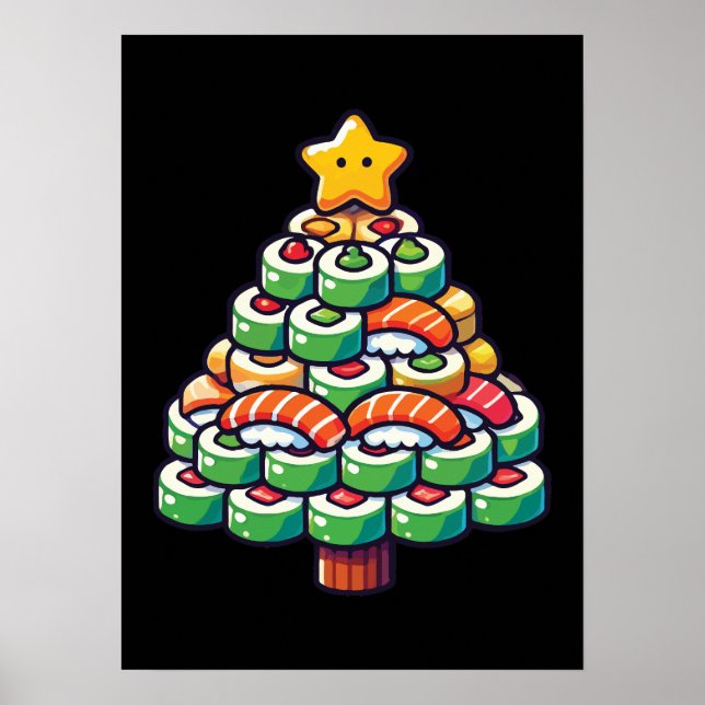 Poster Sushi Noël Arbre - Drôle Holiday Foodie Alimentati (Devant)