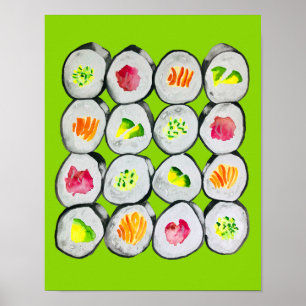 Poster Sushi Time aquarelle wasabi