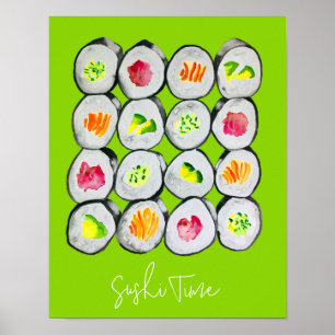 Poster Sushi Time aquarelle wasabi