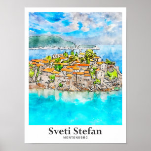Poster Sveti Stefan Montenegro Aquarelle de voyage