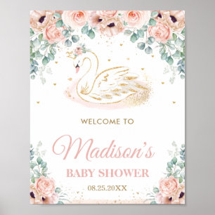 Poster Swan Princess Blush Floral Baby shower Bienvenue