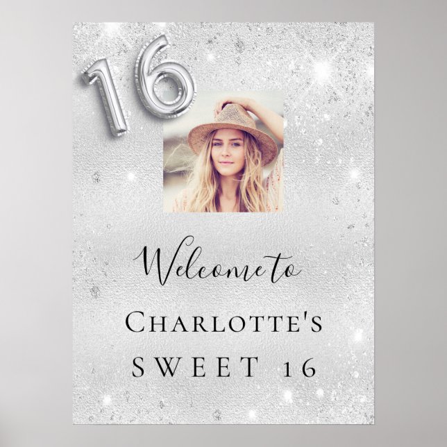Poster Sweet 16 anniversaire argent parties scintillant p (Devant)
