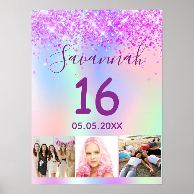 Poster Sweet 16 anniversaire violet rose holographique ph (Devant)
