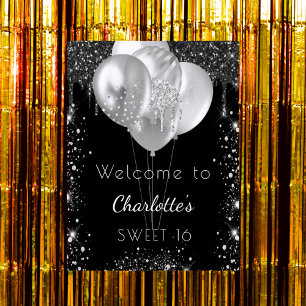 Poster Sweet 16 ballons de bienvenue en argent noir parti