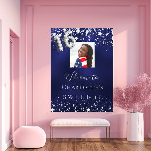 Poster Sweet 16 bleu marine argent étoiles photo bienvenu
