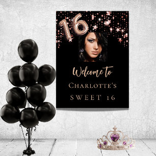 Poster Sweet 16 étoiles rose noir en or photo bienvenue