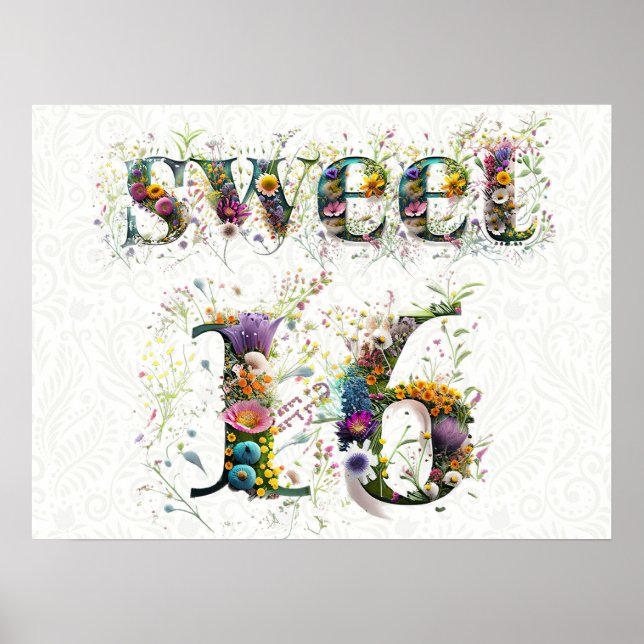 Poster Sweet 16 Joyeux Anniversaire Fleur sauvage Texte (Devant)