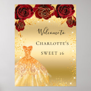 Poster Sweet 16 parties scintillant or rouge robe accueil