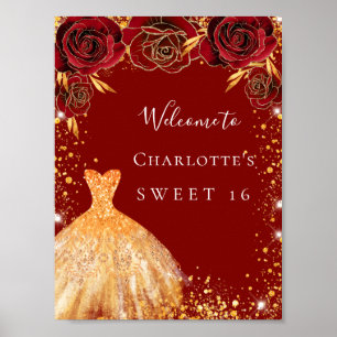 Poster Sweet 16 parties scintillant or rouge robe accueil